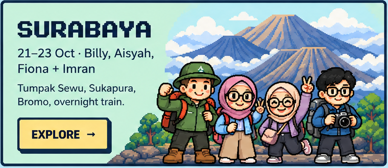 Surabaya, 21 to 23 October. Billy, Aisyah, Fiona and Imran at Mount Bromo. Explore.