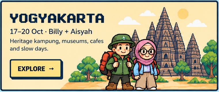 Yogyakarta, 17 to 20 October. Billy and Aisyah at a Javanese temple. Explore.